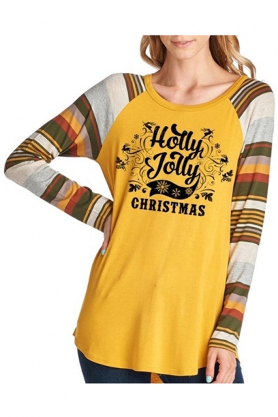 Christmas Series Color Block Letter Pattern Curved Hem Long Sleeve Pullover T-Shirt