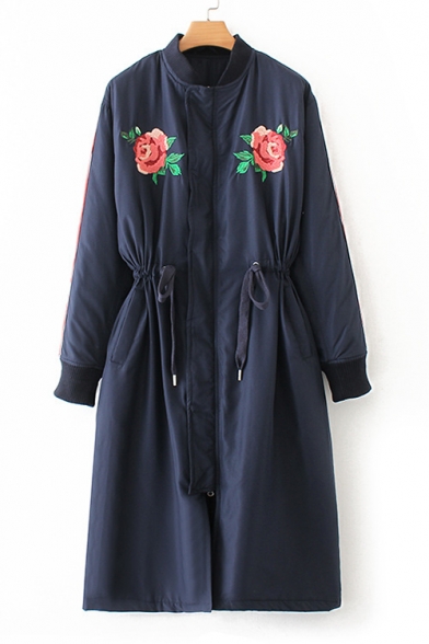 Chic Embroidery Floral Pattern Stand-Up Collar Drawstring Waist Tunic Coat