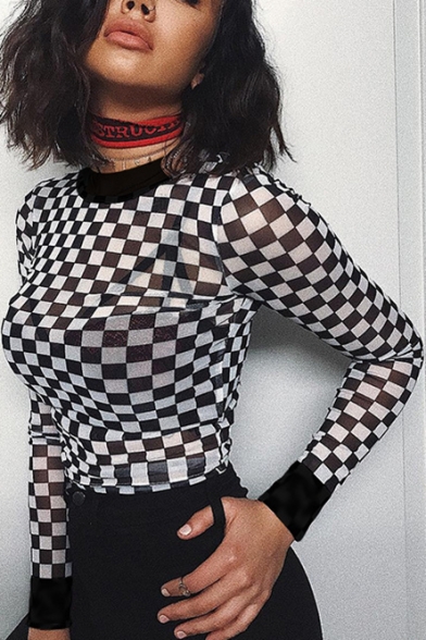 Color Block Check Pattern Crew Neck Sheer Mesh Long Sleeve Cropped Top