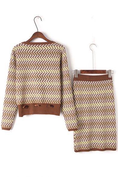 Fashion Striped Pattern Round Neck Long Sleeve Sweater with Pencil Skirt