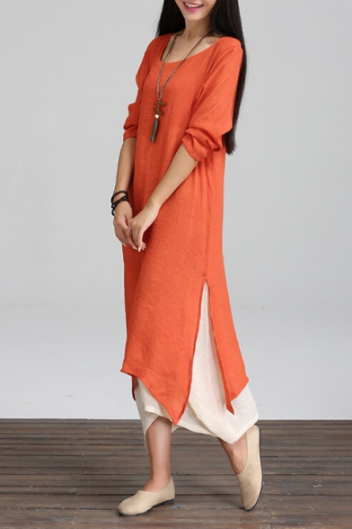 Retro Simple Plain Color Block Split Side Long Sleeve High Low Layered Hem Maxi Dress