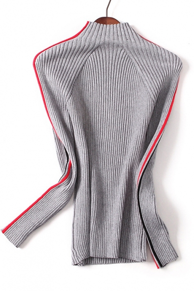 Simple Mock Neck Long Sleeve Striped Pattern Hem Pullover Sweater