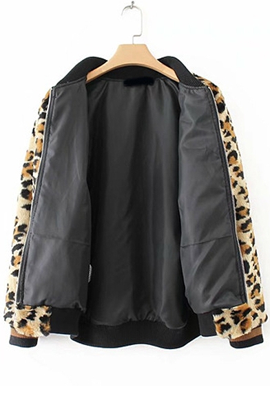 Stand Up Collar Ribbed Cuff Zip Up Leopard Print Jacket