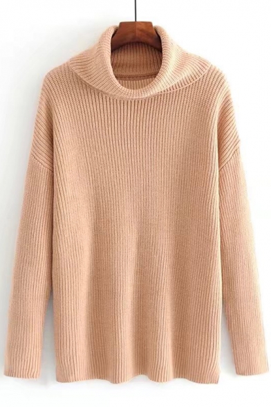 Basic Plain High Neck Long Sleeve Pullover Sweater in Loose Fit
