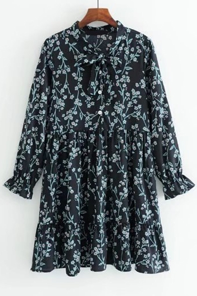 Chic Bow Tied Collar Long Sleeve Floral Pattern Mini Smock Dress