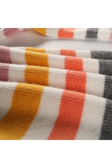 Chic Color Block Stripe Print Off Shoulder Long Sleeve Crop Pullover Sweater