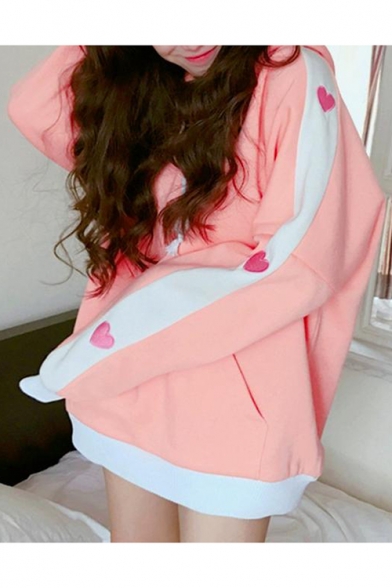 Color Block Striped Side Heart Embroidered Longline Long Sleeve Hoodie