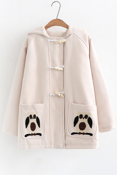 Cute Embroidered Pockets Hooded Long Sleeve Single Breasted Coat