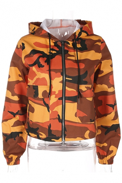 Fashion Camouflage Print Drawstring Hood Long Sleeve Zip Front Flap-Pocket Coat