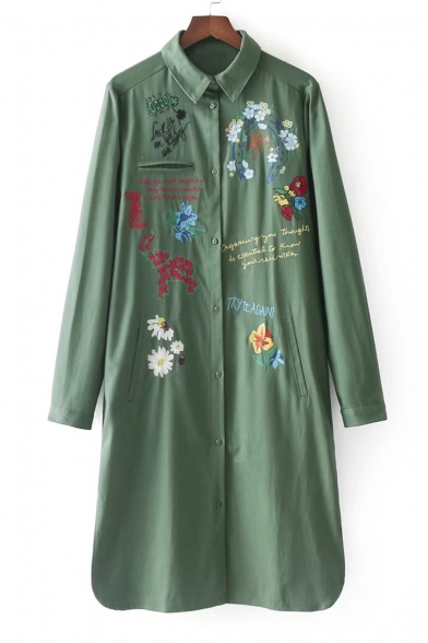 Fashion Embroidery Floral Pattern Single Breasted Lapel Collar Tunic Coat