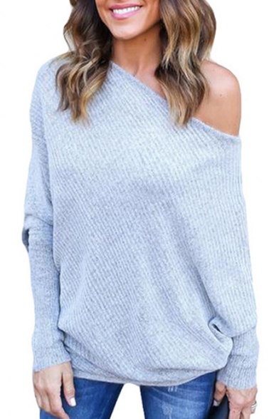 Fashion Off Shoulder Batwing Sleeve Textured Solid Pullover Sweater