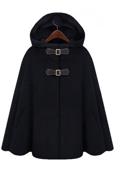 New Fashion Plain Hooded Buttons Down Long Sleeve Cape Coat