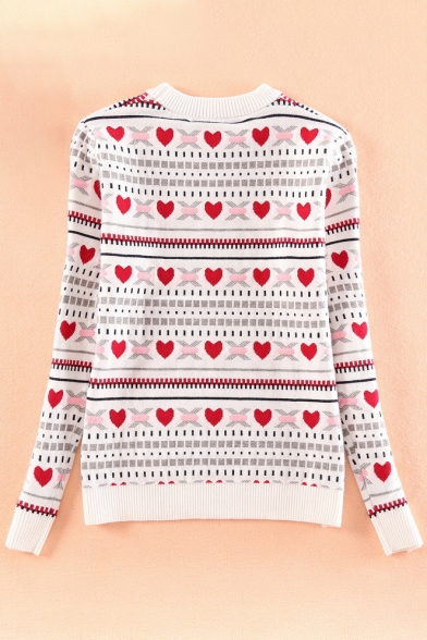 New Stylish Heart Print Round Neck Long Sleeve Fitted Sweater
