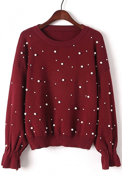 New Stylish Pearls Embellished Long Sleeve Round Neck Comfort Pullover Sweater