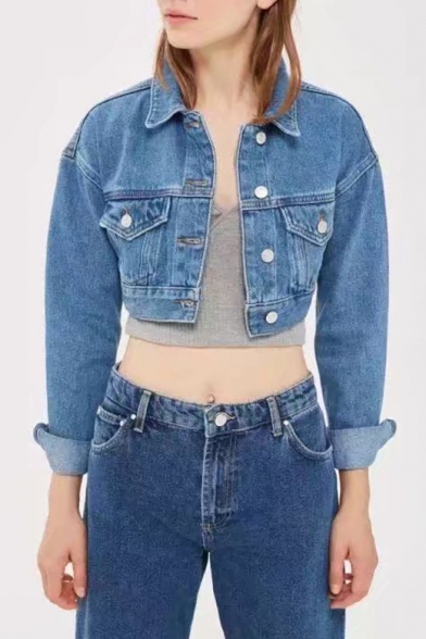 Simple Plain Lapel Single Breasted Long Sleeve Cropped Denim Jacket