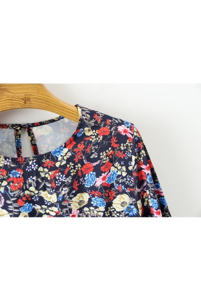 Summer's Floral Pattern Round Neck Long Sleeve Mini A-Line Dress