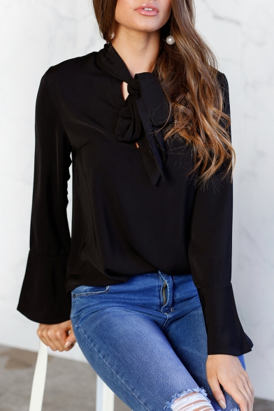 Tie Neck Keyhole Front Plain Long Sleeve Bell Cuff Pullover Blouse