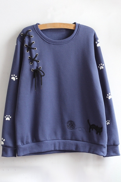 Cartoon Cat Embroidered Round Neck Long Sleeve Pullover Sweatshirt