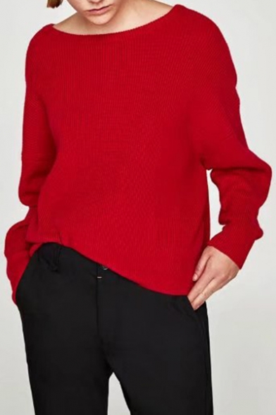 Chic Simple Round Neck Contrast Bow Back Long Sleeve Pullover Sweater