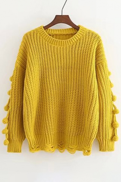 New Stylish Pom Pom Embellished Long Sleeve Round Neck Pullover Sweater