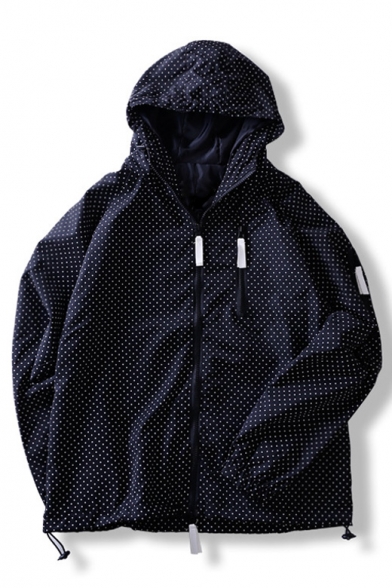 Simple Plain Color Block Dot Pattern Hooded Long Sleeve Windproof Coat