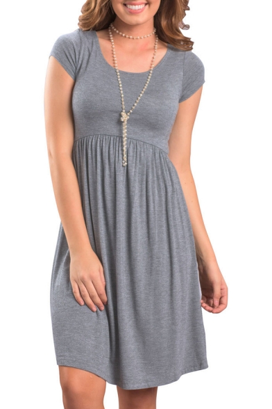 Simple Plain Scoop Neck Cap Shoulder Short Sleeve T-shirt Mini Dress