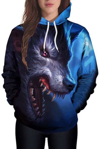 Wolf Head 3D Print Long Sleeve Loose Pullover Hoodie