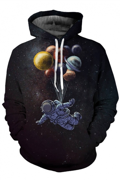 Color Block Balloon Astronaut Print Long Sleeve Leisure Casual Hoodie with Pockets