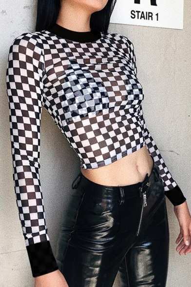 Color Block Check Pattern Crew Neck Sheer Mesh Long Sleeve Cropped Top