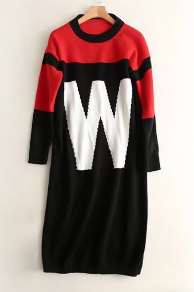 Color Block Round Neck Long Sleeve Letter W Pattern Tunic Sweater
