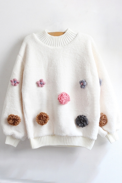 Fashion 3D Floral Embellished Round Neck Drop Sleeve Pullover Sweater