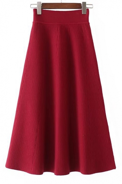 Fashion High Waist Simple Plain Midi A-Line Kitted Skirt