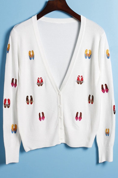 New Arrival Cartoon Shoes Embroidered V-Neck Buttons Down Long Sleeve Cardigan