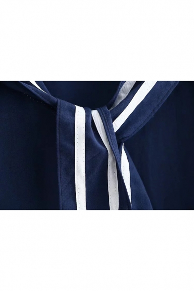 New Stylish Bow Tie Embellished Round Neck Long Sleeve Color Block Blouse