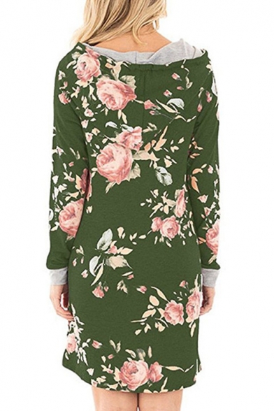 New Stylish Floral Print Drawstring Hooded Long Sleeve Pocket Loose Fit Dress