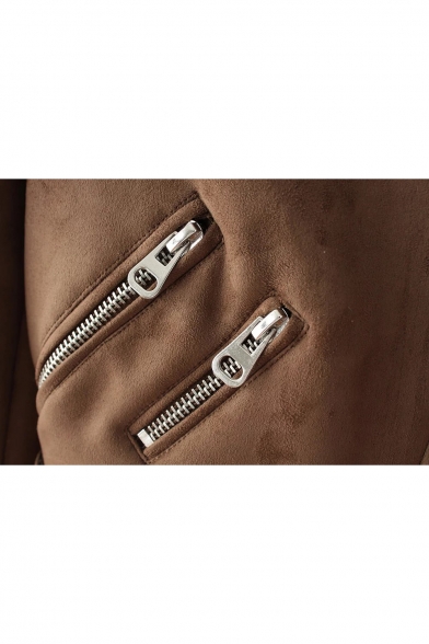 New Stylish Notched Collar Zipper Embellished Belted Waist Biker Jacket