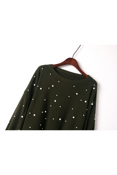 New Stylish Pearls Embellished Long Sleeve Round Neck Comfort Pullover Sweater