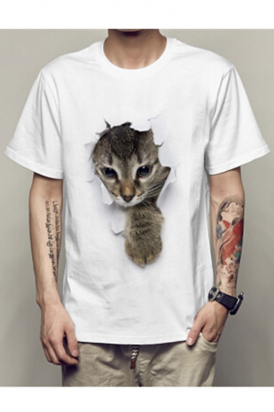 New Trendy Cat Print Round Neck Short Sleeve Loose Top