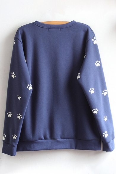 Cartoon Cat Embroidered Round Neck Long Sleeve Pullover Sweatshirt