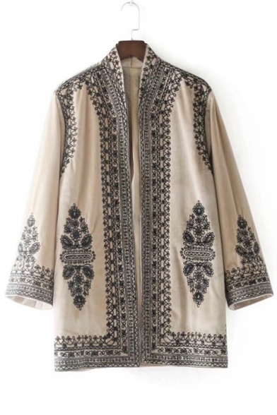 Chic Embroidered Long Sleeve Open Front Casual Loose Kimono Coat