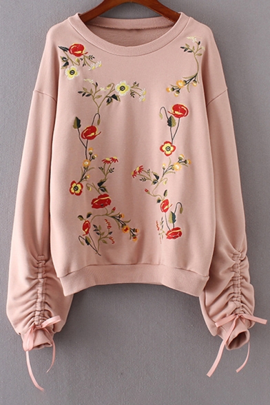 Chic Floral Embroidered Drawstring Side Long Sleeve Pullover Sweatshirt