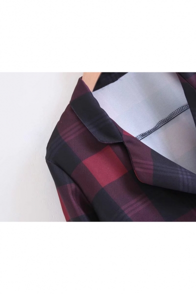 Classic Plaids Pattern Long Sleeve Notched Lapel Collar Double Breasted Blazer Coat