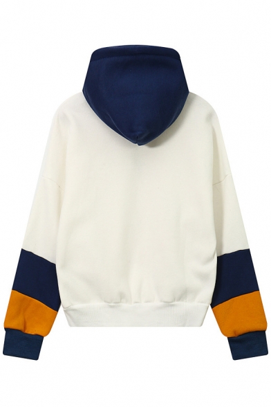 Fashion Embroidered Detail Color Block Drawstring Hood Long Sleeve Hoodie