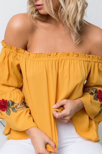 Floral Embroidered Off-the-shoulder Flared Long Sleeve Blouse
