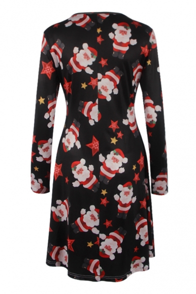 Hot Fashion Santa Claus Cartoon Print Round Neck Long Sleeve T-shirt Dress