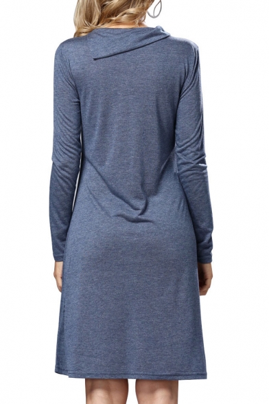 New Fashion Plian Buttons Embellished Folded Collar Long Sleeve Mini Dress