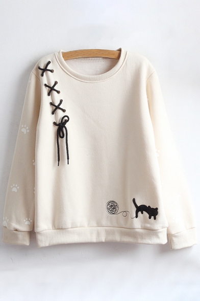 Cartoon Cat Embroidered Round Neck Long Sleeve Pullover Sweatshirt