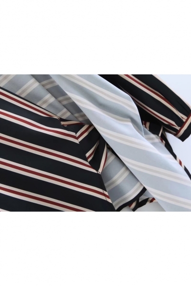 Classic Striped Pattern Fashion Wrap V Neck Long Sleeve Tied Back Blouse