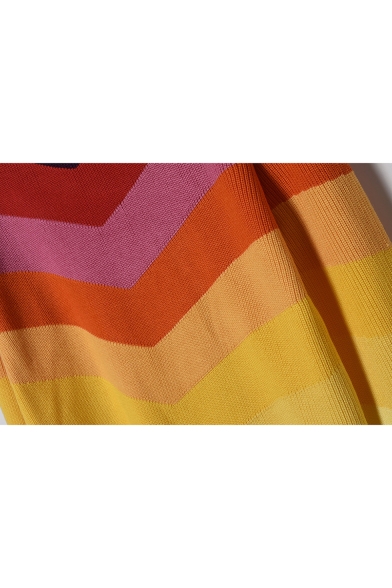 Color Block Rainbow Chevron Pattern Round Neck Long Sleeve Sweater