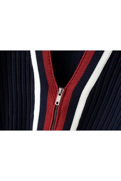 Color Block V-Neck Zippered Long Sleeve Cardigan